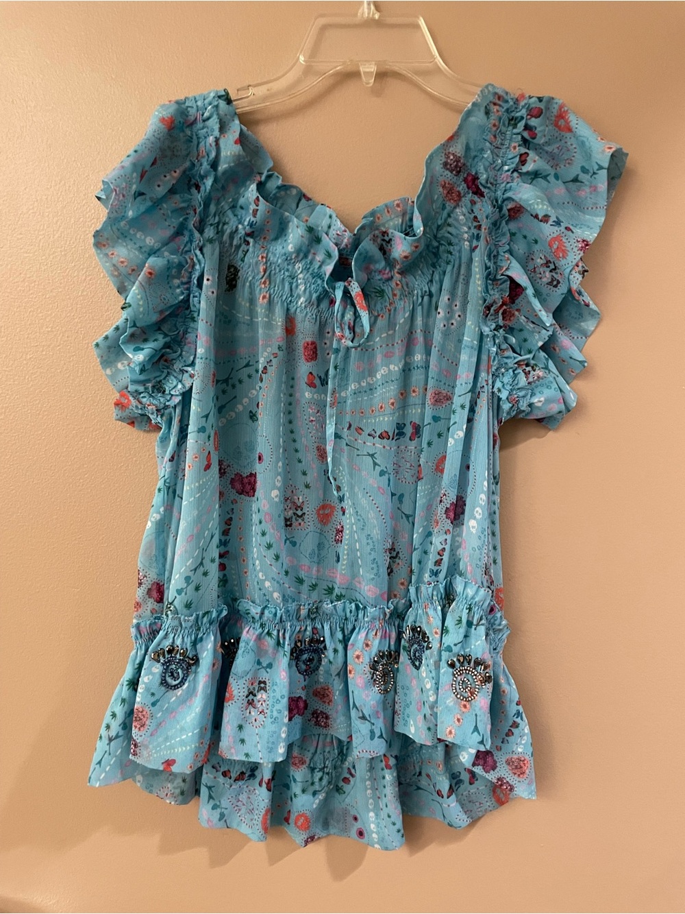 ZADIG VOLTAIRE TUTTI PRINT PSYCHE Blouse In Turquoise Womens S,M Peplum Smocked